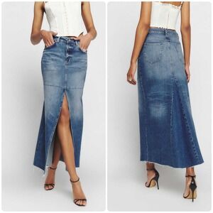 Reformation Tazz Denim Maxi Skirt Women's Size 28 High Slit Raw Hem Jean Ref